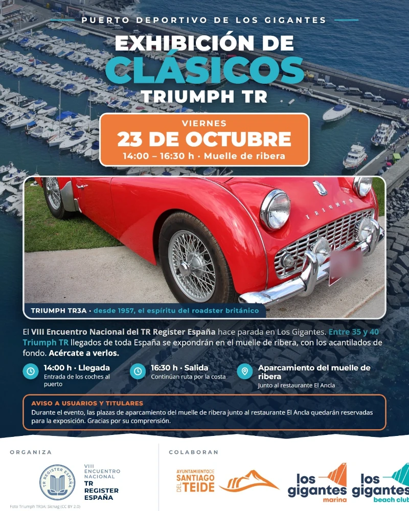 El Puerto Deportivo de Los Gigantes acogerá una exposición de coches clásicos Triumph TR este viernes 23 de octubre